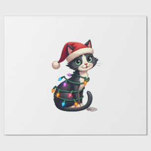 Christmas Cat Tuxedo black cat xmas lights kitty c Wrapping Paper