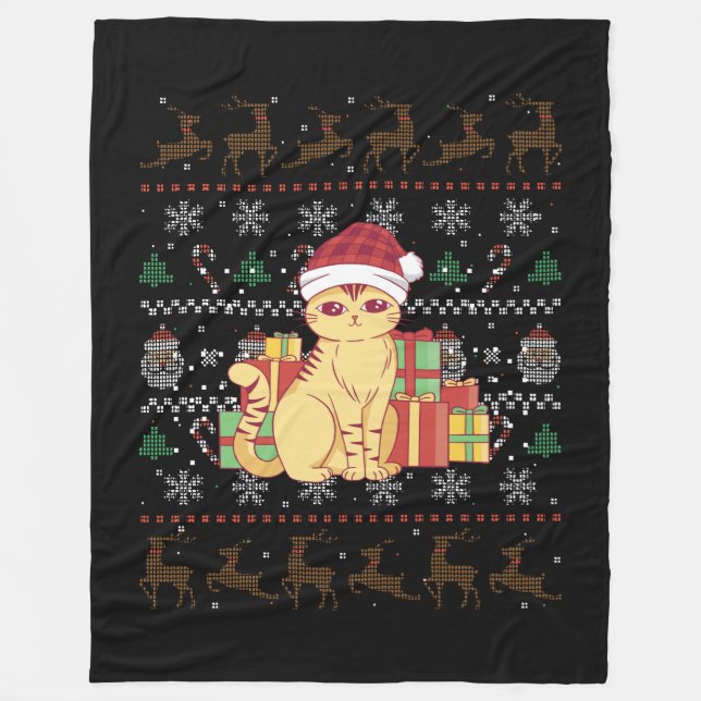 Christmas Cat Ugly Christmas Gift Fleece Blanket (Front)