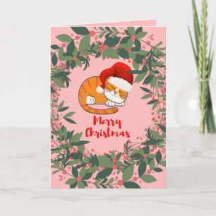 Christmas Cat Watercolor Wreath Leaves Red Berries Card