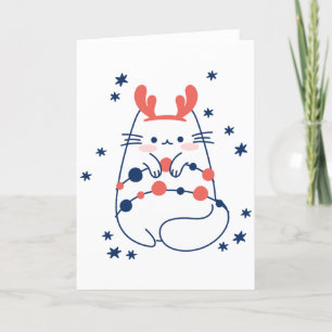 Christmas Cat with Antlers and Lights BLANK  Holiday Card