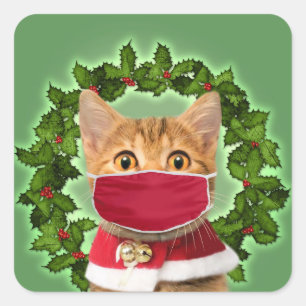 Christmas Cat with coronavirus mask Square Sticker