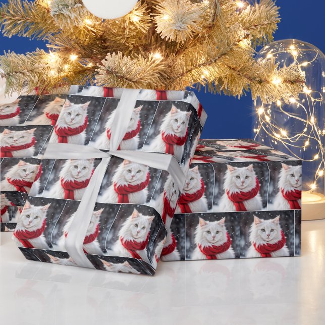 Christmas Cat With Red Scarf Wrapping Paper (Holidays)