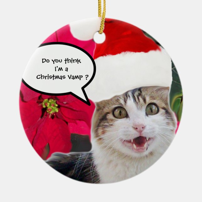 CHRISTMAS CAT WITH SANTA CLAUS HAT AND POINSETTIAS CERAMIC TREE DECORATION (Front)