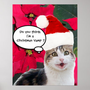 CHRISTMAS CAT WITH SANTA CLAUS HAT AND POINSETTIAS POSTER