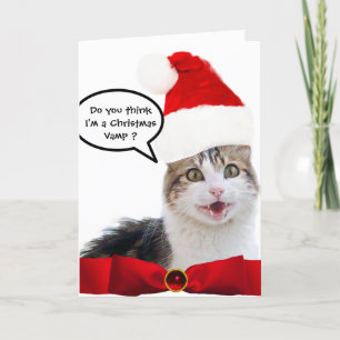 CHRISTMAS CAT WITH SANTA CLAUS HAT AND RED RIBBON HOLIDAY CARD