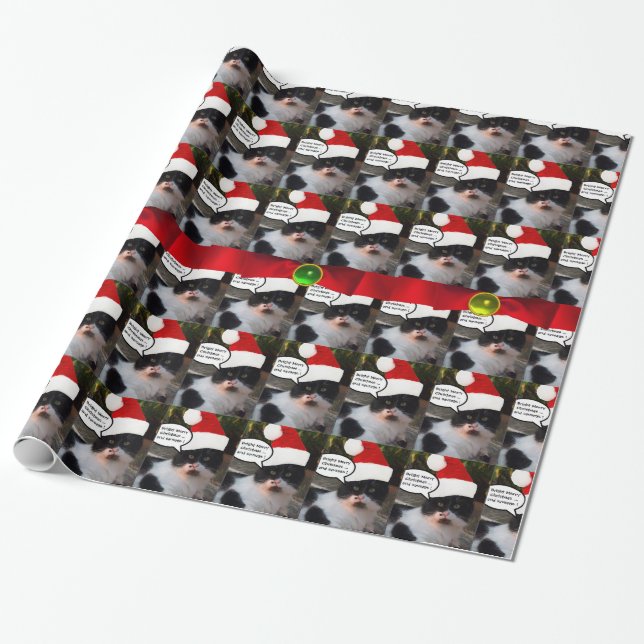 CHRISTMAS CAT WITH SANTA CLAUS HAT AND RED RIBBONS WRAPPING PAPER (Unrolled)
