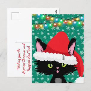 Christmas Cat with Santa Hat Snowflakes and Lights Postcard