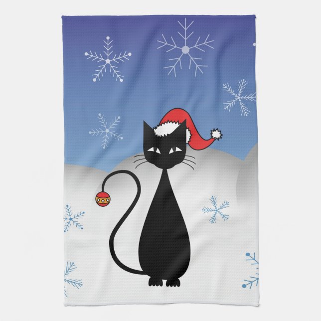 Christmas Cat with Snowflakes Tea Towel (Vertical)
