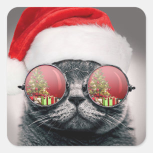 Christmas Cat With Sunglasses Square Sticker