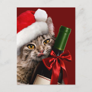 Christmas Cat With Wine Bottle Invitation Postcard