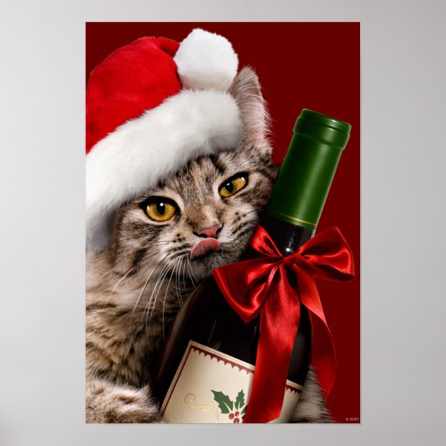 Christmas Cat With Wine Bottle Poster (Front)