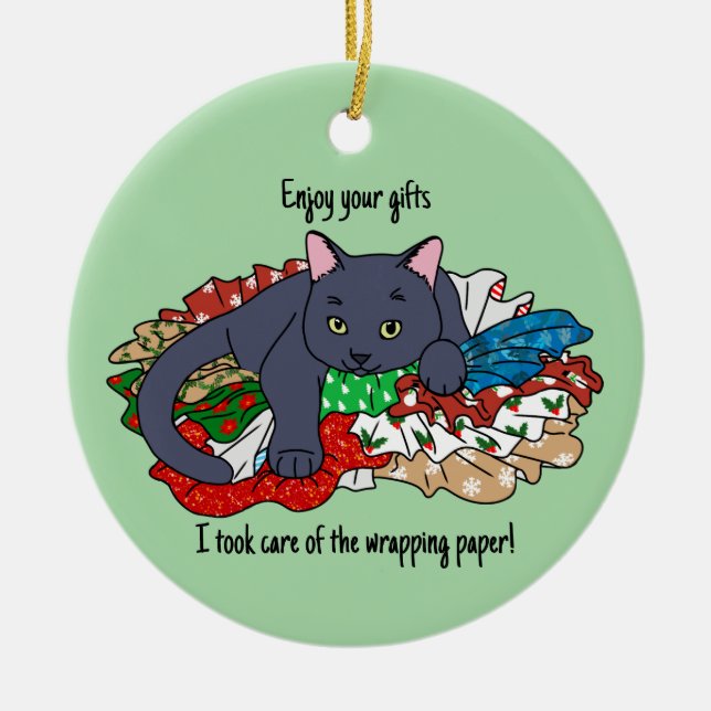 Christmas cat with wrapping paper ceramic tree decoration (Front)