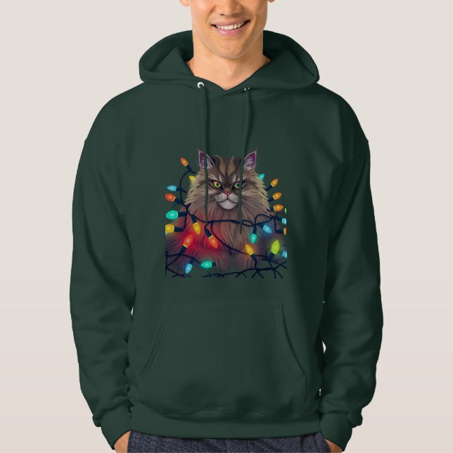 Christmas Cat Wrapped in Colorful Lights Hoodie (Front)