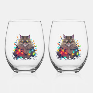 Christmas Cat Wrapped in Colorful Lights Stemless Wine Glass