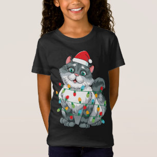 Christmas Cat Wrapped In Colourful Lights Wearing  T-Shirt