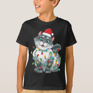 Christmas Cat Wrapped In Colourful Lights Wearing T-Shirt