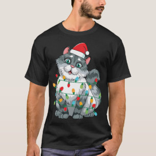 Christmas Cat Wrapped In Colourful Lights Wearing T-Shirt