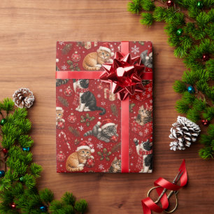 Christmas Cat Wrapping Paper, Red Cat Lover Gift Paper