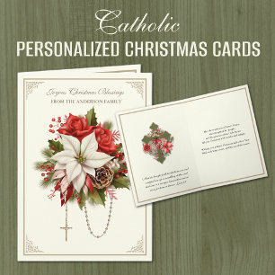 Christmas Catholic Rosary Mary Heart Poinsettias  Holiday Card