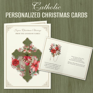 Christmas Catholic Virgin Mary Heart Poinsettias  Holiday Card