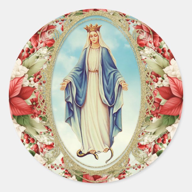 Christmas Catholic Virgin Mary Poinsettias Classic Round Sticker (Front)
