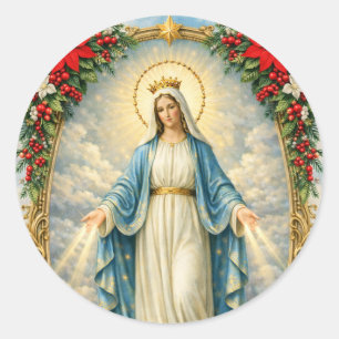 Christmas Catholic Virgin Mary Poinsettias Classic Round Sticker