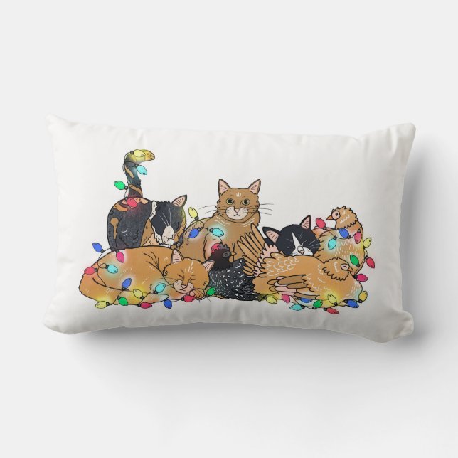 Christmas Cats and Chickens Illustration Lumbar Cushion (Back)