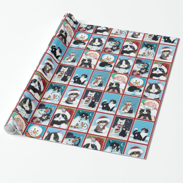 Christmas Cats and Snowmen Wrapping Paper (Unrolled)