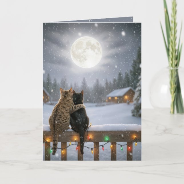Christmas Cats Cuddling On a Snowy Fence Card (Front)