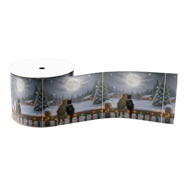 Christmas Cats Cuddling On a Snowy Fence Grosgrain Ribbon (Spool)