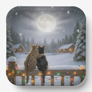 Christmas Cats Cuddling On a Snowy Fence Paper Plate