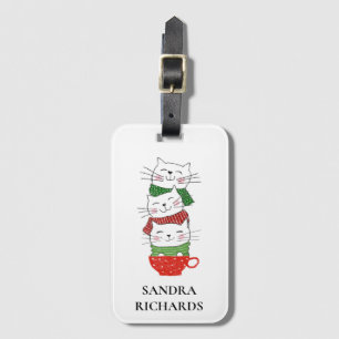 Christmas Cats Cup Scarves Red Green Cartoon Cute Luggage Tag