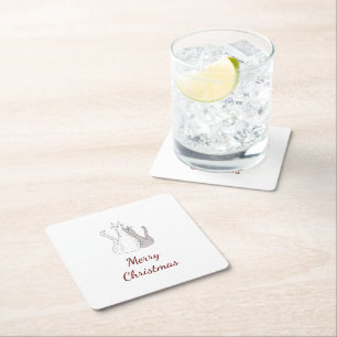 Christmas Cats Drawing Cute Kitties Script  Square Paper Coaster