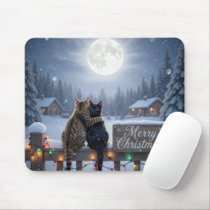 Christmas Cats Embracing On a Snowy Fence Mouse Pad
