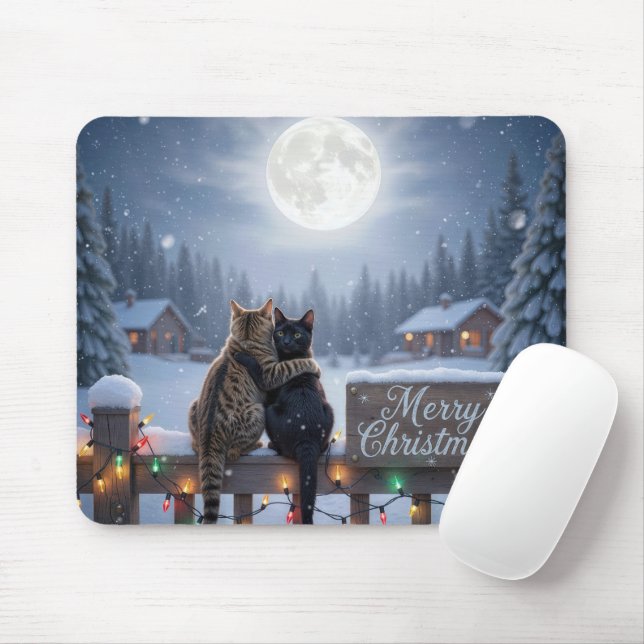 Christmas Cats Embracing On a Snowy Fence Mouse Pad (With Mouse)