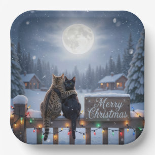 Christmas Cats Embracing On a Snowy Fence Paper Plate