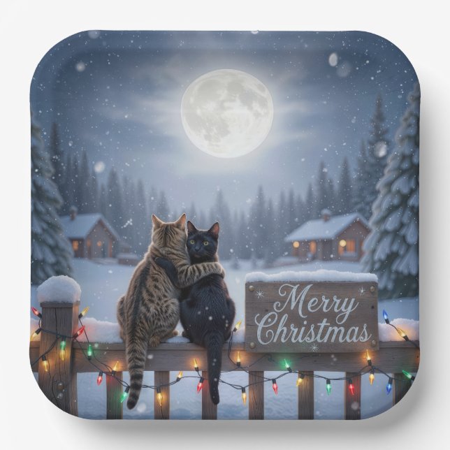 Christmas Cats Embracing On a Snowy Fence Paper Plate (Front)