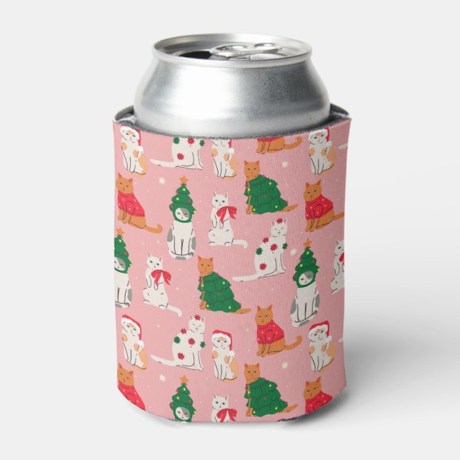 Christmas Cats in Festive Attire Pattern Can Cooler (Can Front)