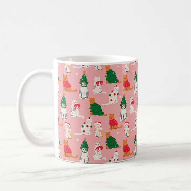 Christmas Cats in Festive Attire Pattern Coffee Mug (Left)