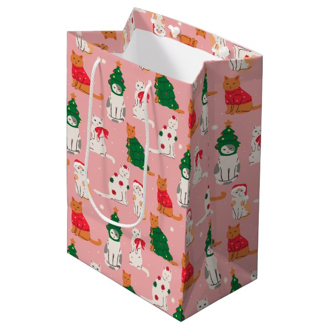Christmas Cats in Festive Attire Pattern Medium Gift Bag (Front Angled)