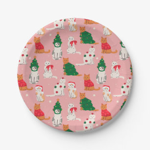 Christmas Cats in Festive Attire Pattern Paper Plate