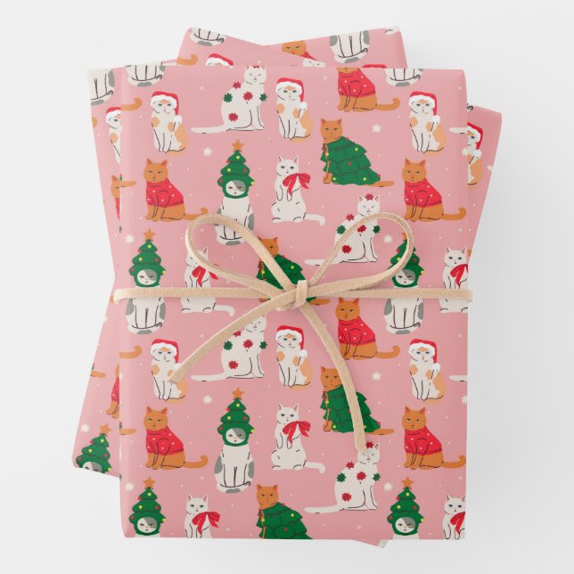 Christmas Cats in Festive Attire Pattern Wrapping Paper Sheet (In situ)