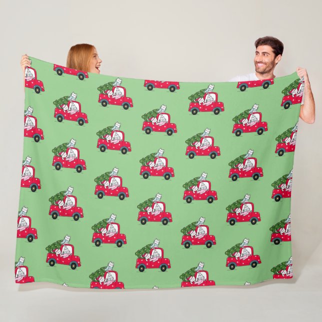 Christmas Cats in Red Truck Holiday Fleece Blanket (In Situ)