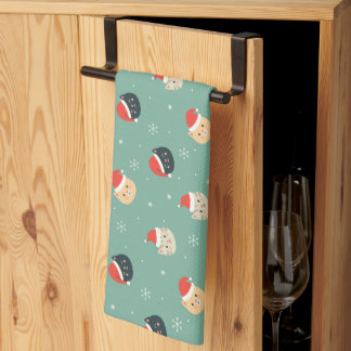 Christmas Cats in Santa Hats Pattern Tea Towel