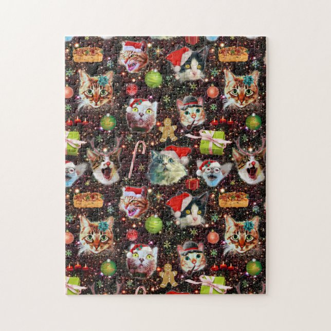 Christmas Cats in Space Galaxy Stars Funny Holiday Jigsaw Puzzle (Vertical)