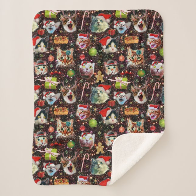 Christmas Cats in Space Galaxy Stars Funny Holiday Sherpa Blanket (Front)