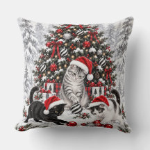 Christmas Cats Mischief Watercolor Throw Pillow