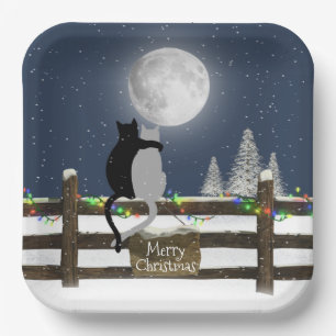 Christmas Cats on Fence with Moon  Paper Plate