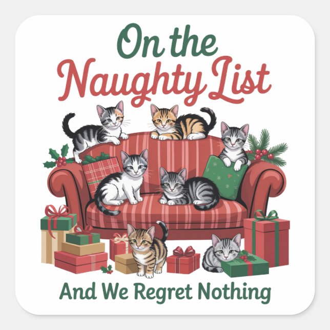 Christmas Cats On The Naughty List 90s Retro Cat Square Sticker (Front)