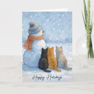 Christmas Cats Sitting With a Snowman In a Field Card